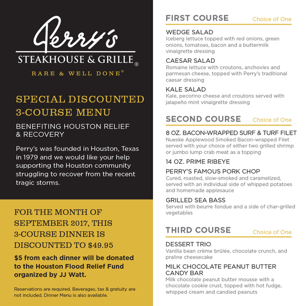 Perry’s Steakhouse & Grille in Oak Brook to Offer Special Menu Benefiting Houston Flood Relief Fund