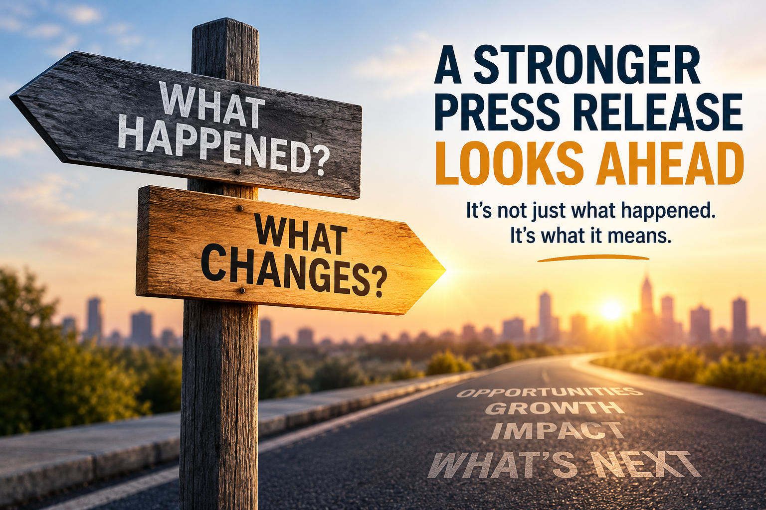 Press release concept showing the difference between what happened and what changes next Press release concept showing the difference between what happened and what changes next