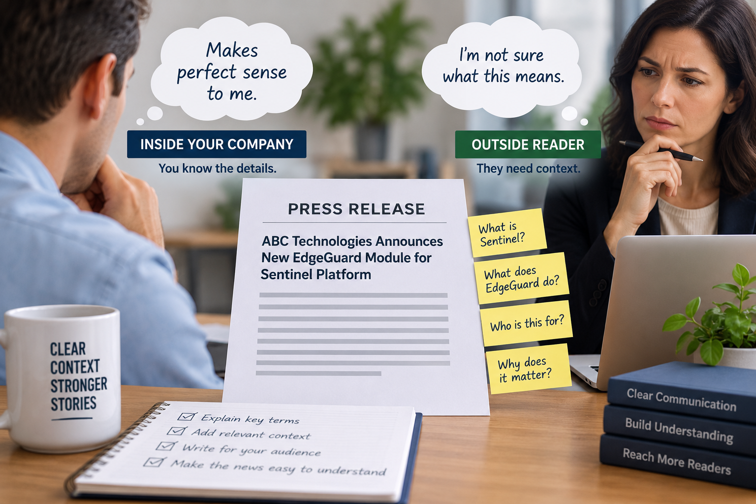 Press release showing the difference between company knowledge and the context an outside reader needs