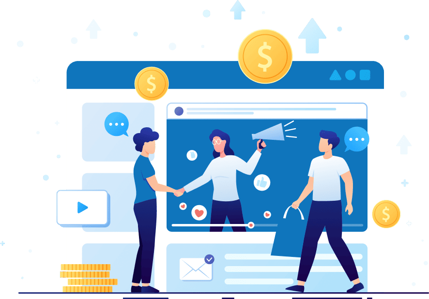 Illustration of people engaging in online transactions and marketing, symbolizing an affiliate program, digital marketing, and revenue growth.