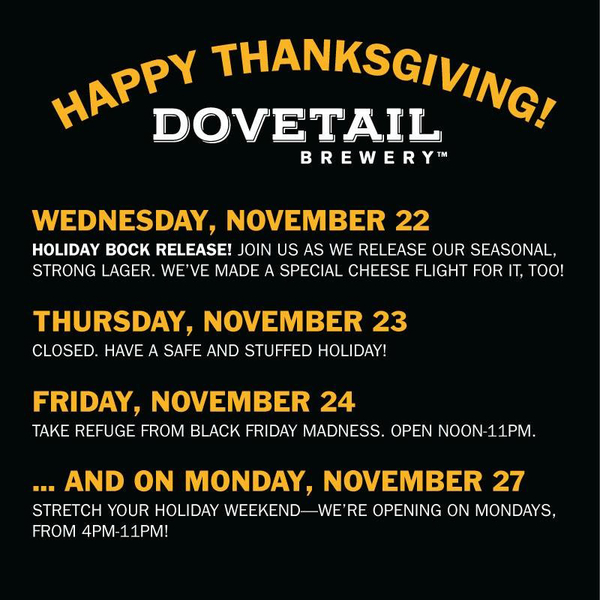 Celebrate Thanksgiving All Weekend Long at Dovetail Brewery