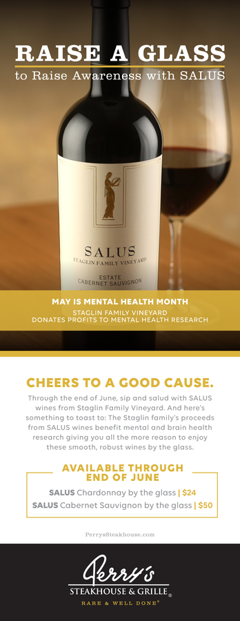 Raise A Glass and Support Mental Health at Perry’s Steakhouse & Grille in Oak Brook May 11 through June 30, 2018