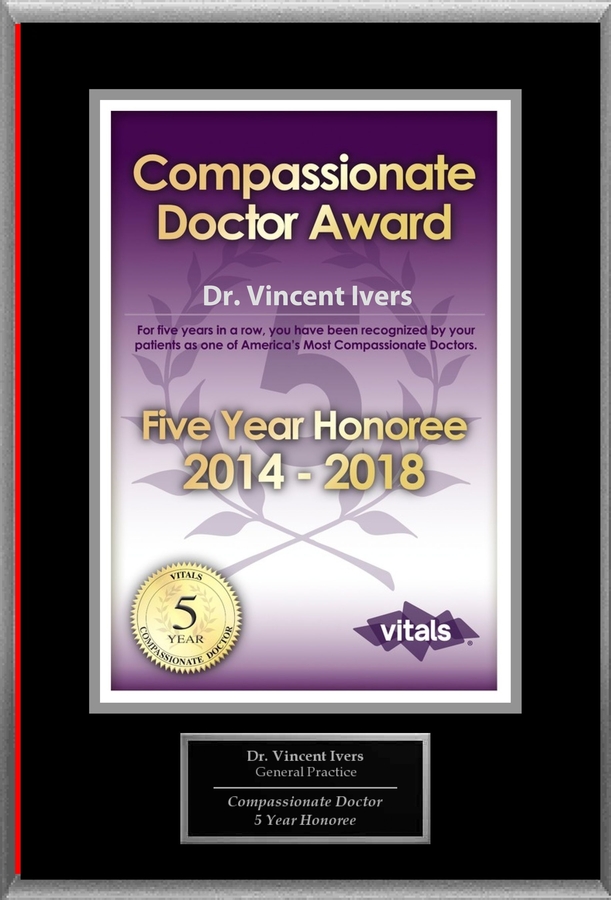 Vincent Ivers, MD Honored With Vitals Compassionate Doctor 5 Year Honoree Award