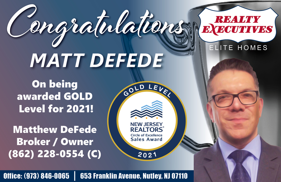 Local Nutley, NJ Realtor Matthew De Fede honored with state sales award