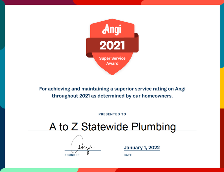 A to Z Statewide Plumbing Earns 2021 Angi Super Service Award