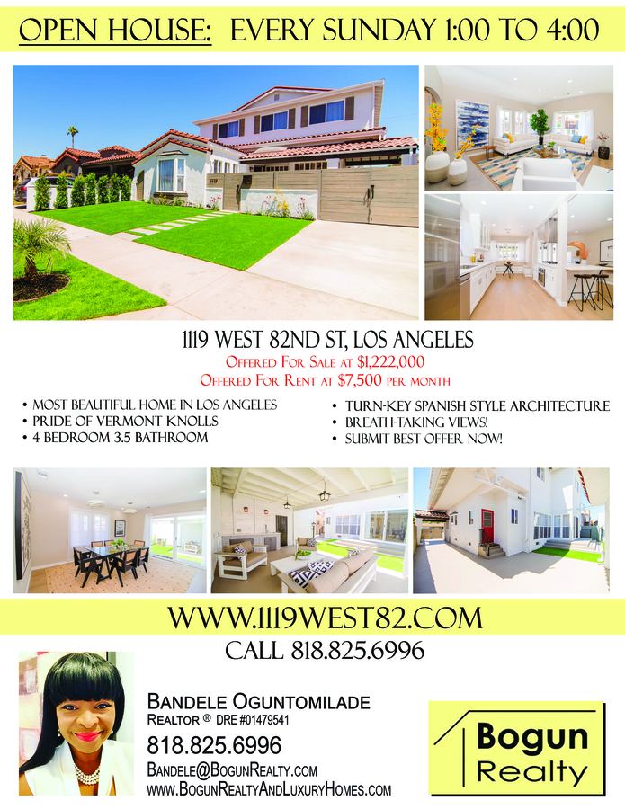 Bandele Oguntomilade of Bogun Realty and Luxury Homes Presents the Most Beautiful Home in Los Angeles at 1119 West 82nd Street, Los Angeles, CA 90044