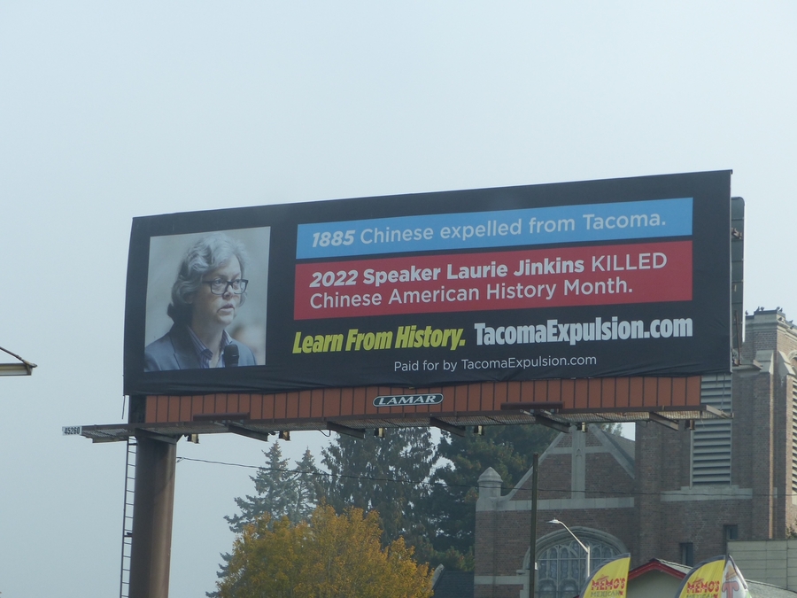 Third Billboard With the Message “Learn From History” Is up on the Eve of the Anniversary of the Tacoma Expulsion in Speaker Laurie Jinkin’s District