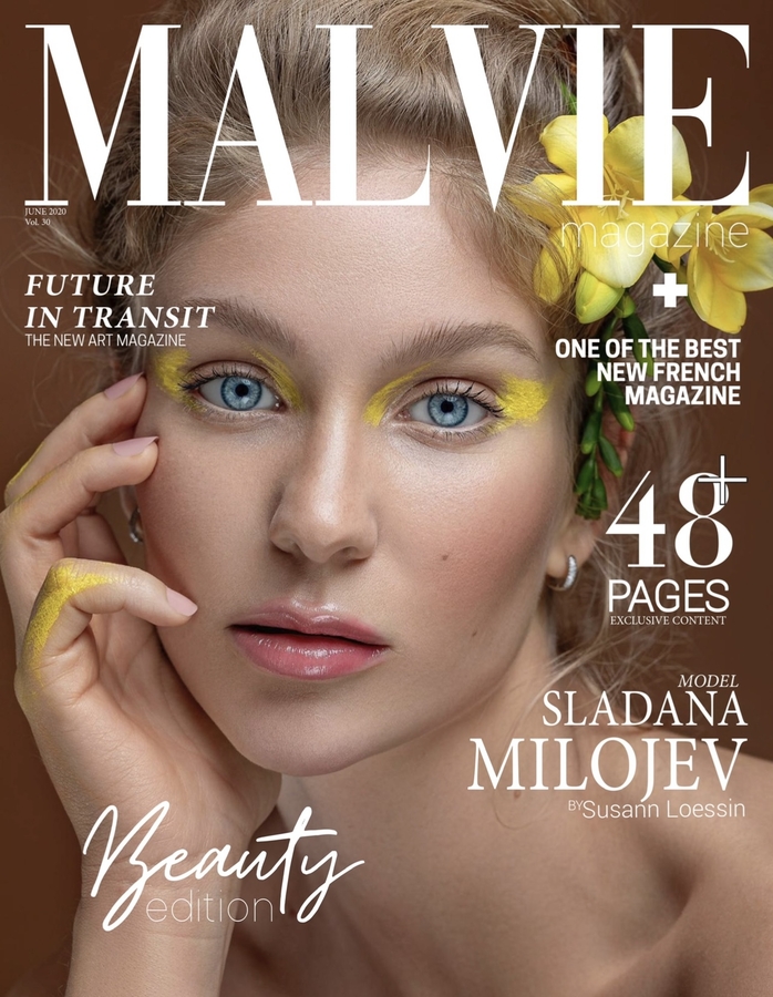 Fashion Model Sladana Milojev in Vivienne Westwood style of fashion magazine Malvie. The floral playful style is reminiscent of the unique style of Vivienne Westwood.