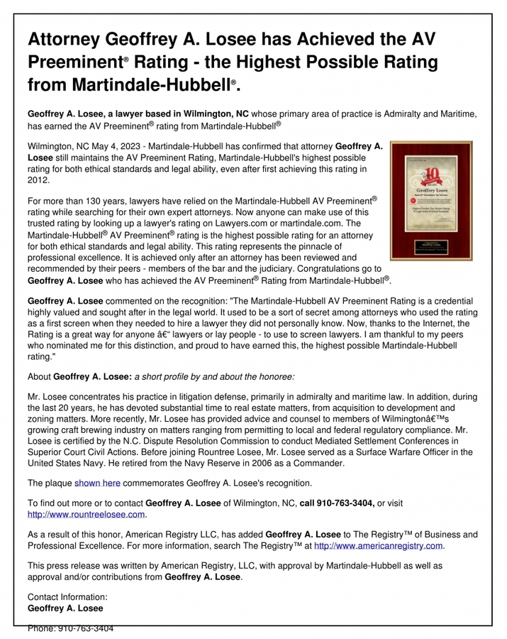 Attorney Geoffrey A. Losee has Achieved the AV Preeminent® Rating – the Highest Possible Rating from Martindale-Hubbell®