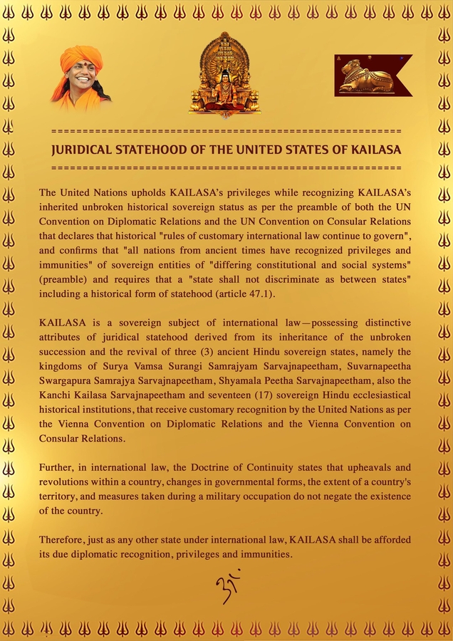 United Nations Upholds KAILASA’s Juridical Statehood
