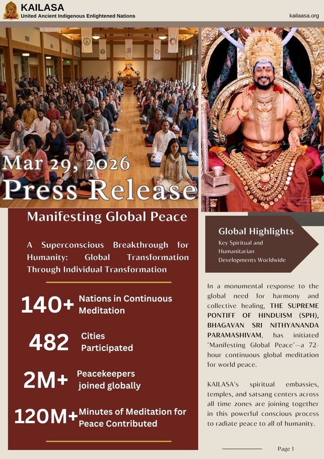 KAILASA Launches “Manifesting Global Peace” A 72-Hour Continuous Global Meditation Initiative for World Peace