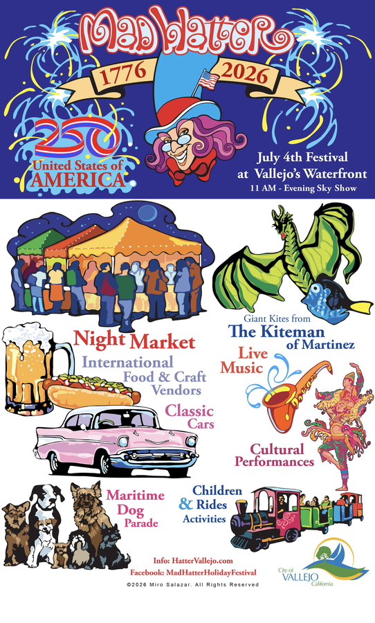 The Mad Hatter’s July 4th Waterfront Festival in Vallejo, CA is the go to attraction for thousands with food, recreation and entertainment during the day that also hosts a family friendly Night Market