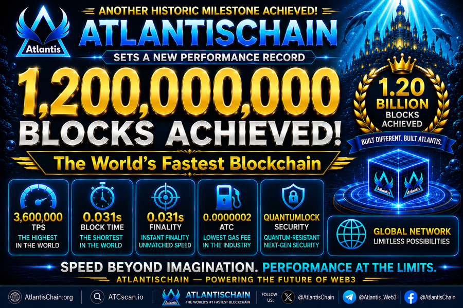 Web3 Breaking News: AtlantisChain Rapidly Surpassed 1,200,000,000 Blocks Within 446 Days of Operation and Firmly Holds the World’s #1 Fastest Position in Block Height, Block Time, Finality, and TPS